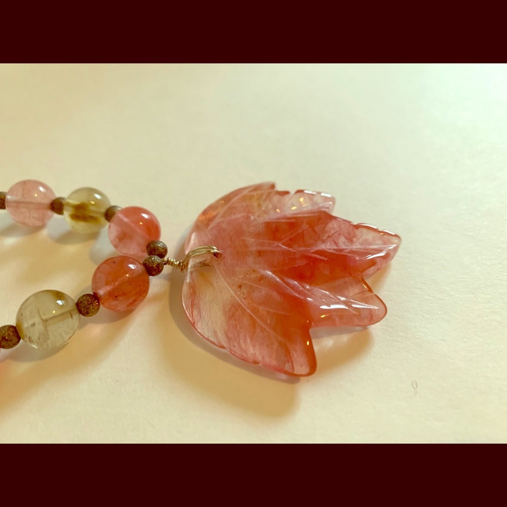 Necklace- pink and green beads with leaf pendent